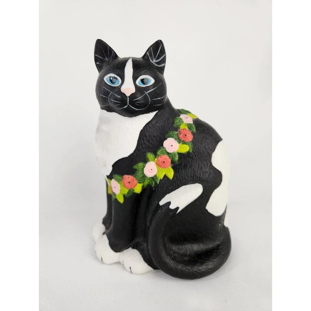 Vtg Mary Lake Thompson Black Cat Flowers Ceramic Silvestri Hawaiian Lei Gardener